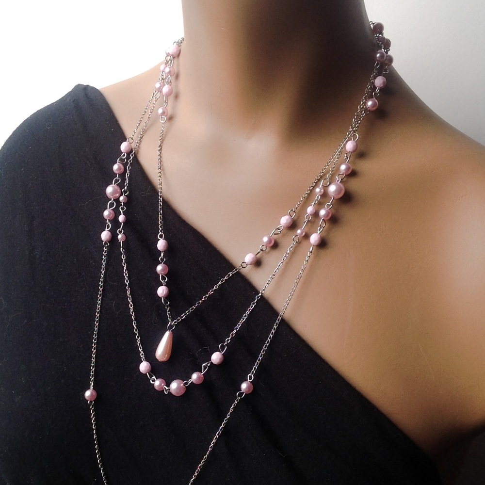 3-Tier Chain and Pearly Bead Necklace in Rosé